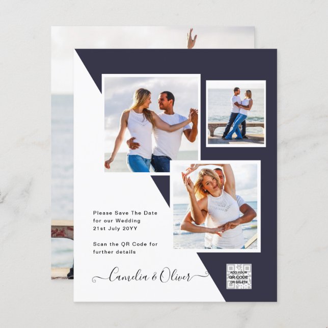 PHOTO-bröllopsinbjudan QR-kod Spara datum BLUE (Fram/baksida)