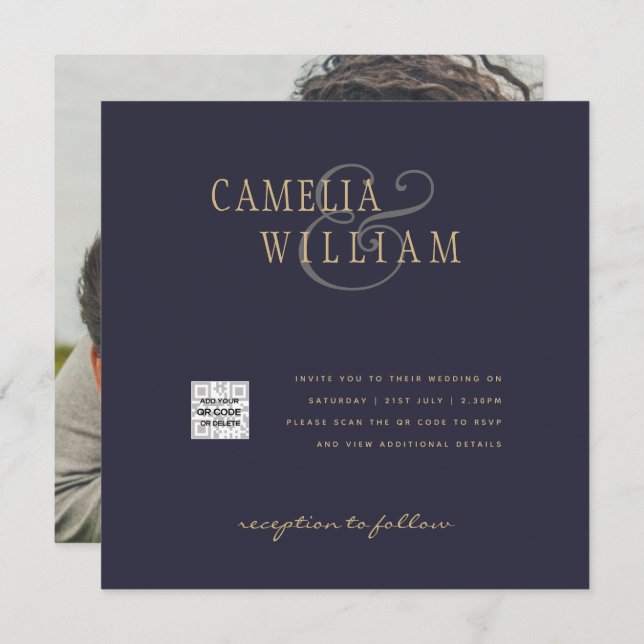 PHOTO-bröllopsinbjudan QR-kod Spara datum BLUE (Fram/baksida)