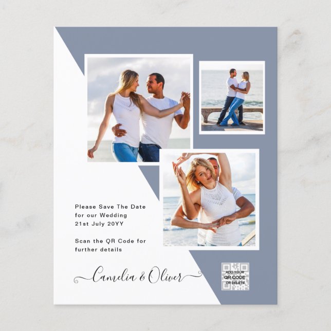 PHOTO-bröllopsinbjudan QR-kod Spara datum BLUE Flygblad (Framsidan)