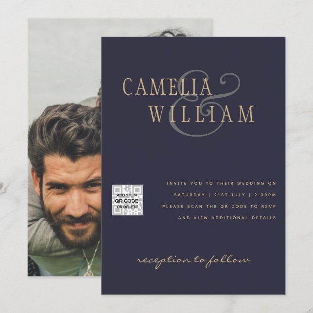 PHOTO-bröllopsinbjudan QR-kod Spara datum BLUE Inbjudningar (Fram/baksida)