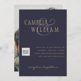 PHOTO-bröllopsinbjudan QR-kod Spara datum BLUE Inbjudningar