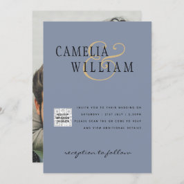 PHOTO-bröllopsinbjudan QR-kod Spara datum BLUE Inbjudningar