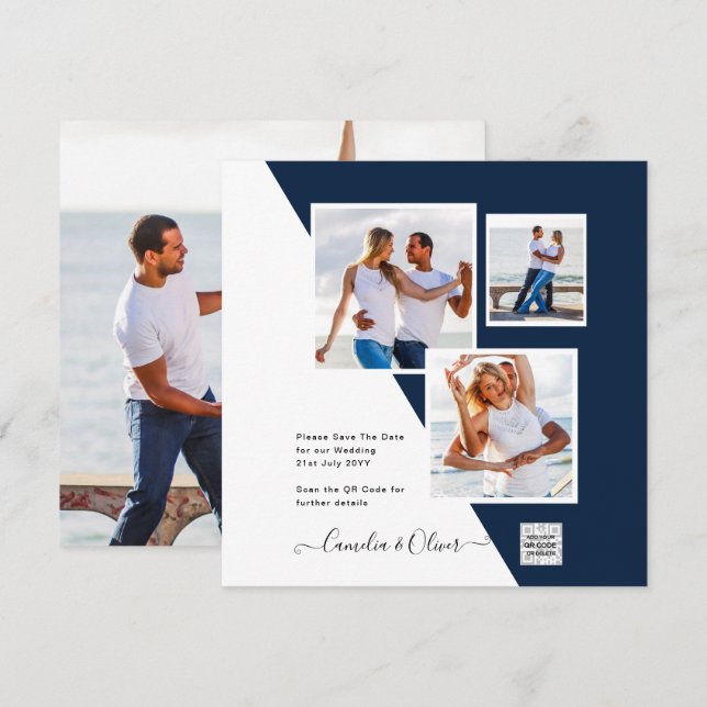 PHOTO-bröllopsinbjudan QR-kod Spara datum BLUE Inbjudningar (Fram/baksida)