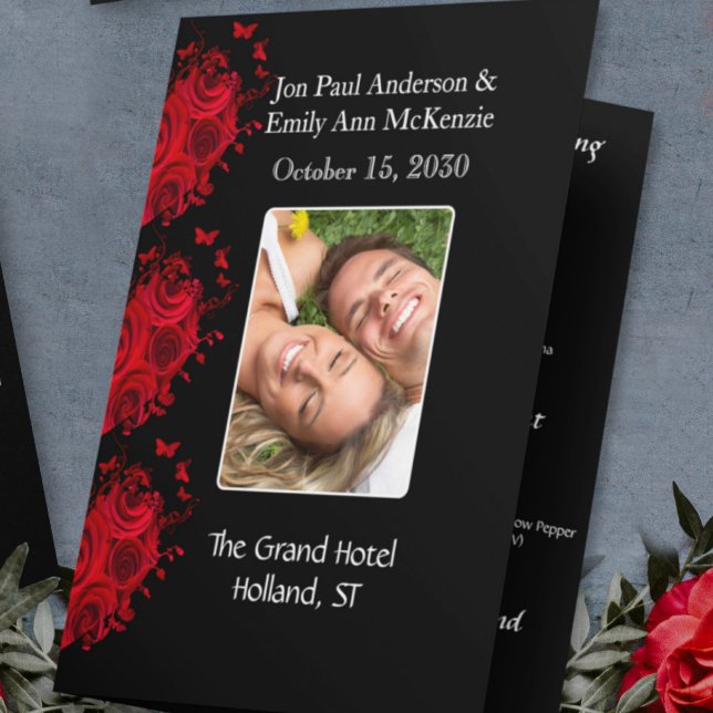 Photo Bröllopsprogram Black Grått & White Damask (Skapare uppladdad)