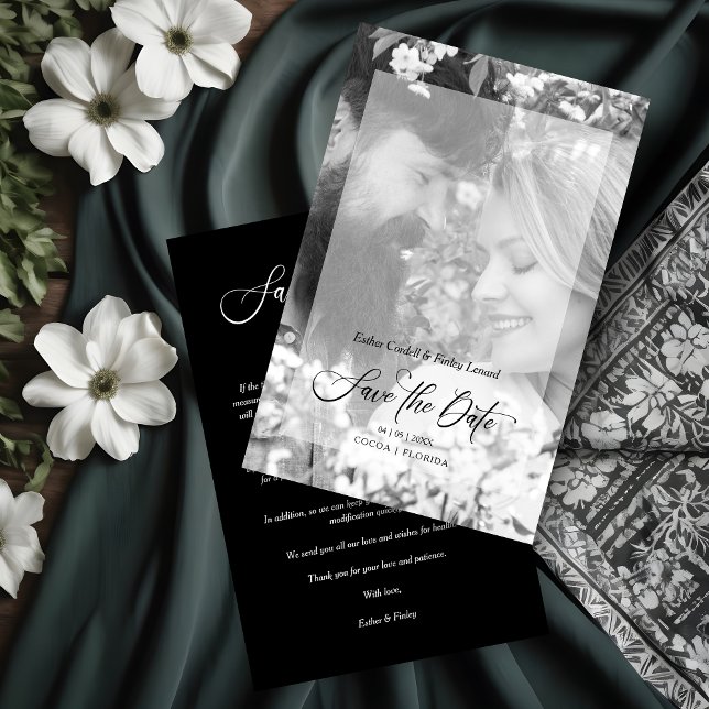 Photo Budget Black White Minimalist Vellum Effect (Photo Budget Black & White Minimalist Vellum Effect Wedding save the Date With envelope.)