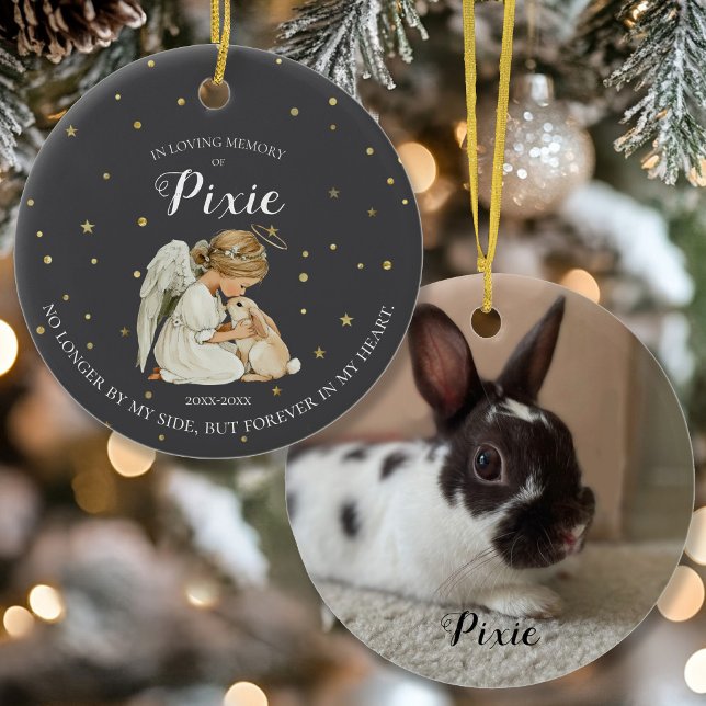 Photo Bunny Pet Memorial Julgransprydnad Keramik (Bunny Rabbit Memorial Ornament with Angel)