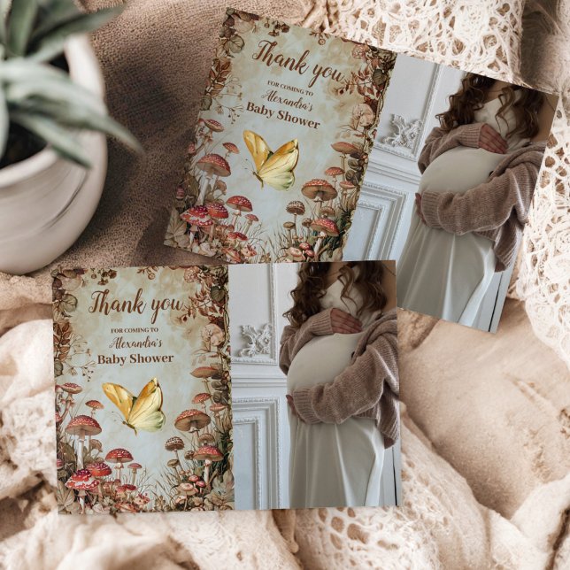 Photo Butterfly Mushroom Woodland Baby Shower Tack Kort (Skapare uppladdad)