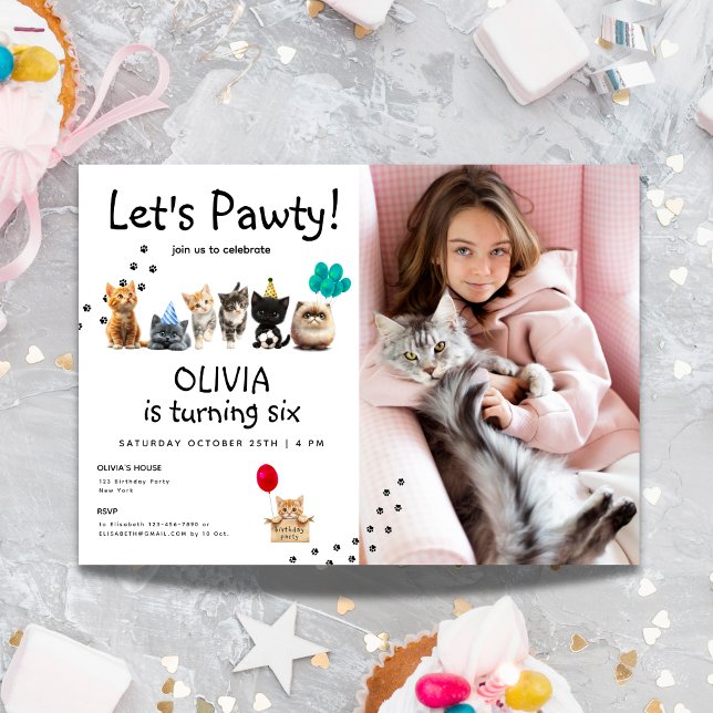 Photo Cat Birthday Inbjudan | Cute Kitten Pawty (Photo Cat Birthday Invite | Cute Kitten Pawty)