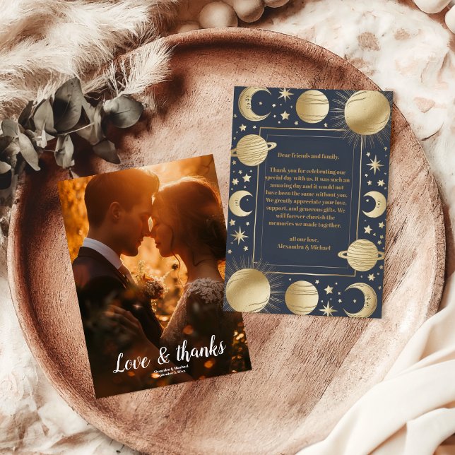 Photo Celestial Navy Guld Crescent Måne Bröllop Tack Kort (Skapare uppladdad)