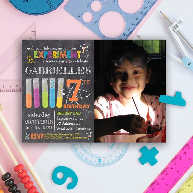 Photo Chalkboard Mad Science Party Birthday Inbjudningar (Put on your lab coat and get ready for an incredible party with our Science Party Invitation.)