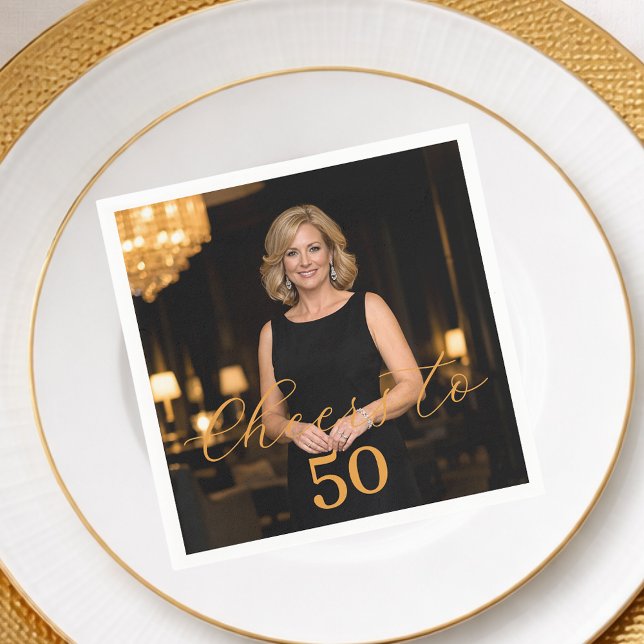 Photo cheers elegant script gold birthday pappersservett (Skapare uppladdad)