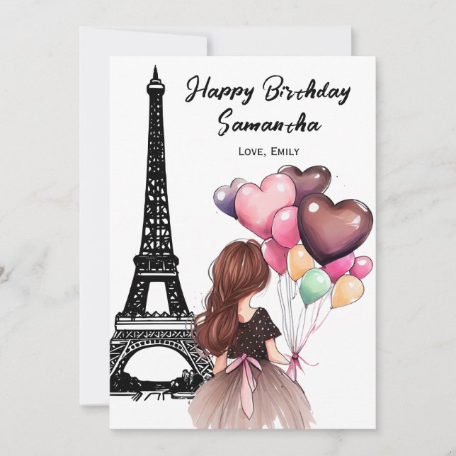 Photo Chic Eiffel Torn, Heart Balloths Birthday Kort (Framsida)