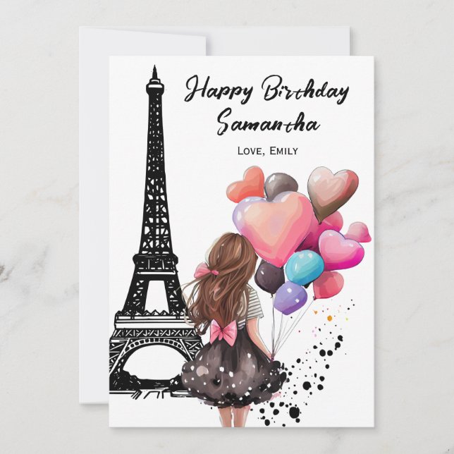 Photo Chic Eiffel Torn, Heart Balloths Birthday Kort (Framsida)