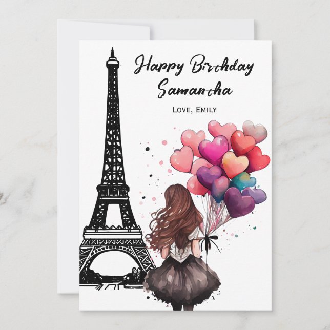 Photo Chic Eiffel Torn, Heart Balloths Birthday Kort (Framsida)