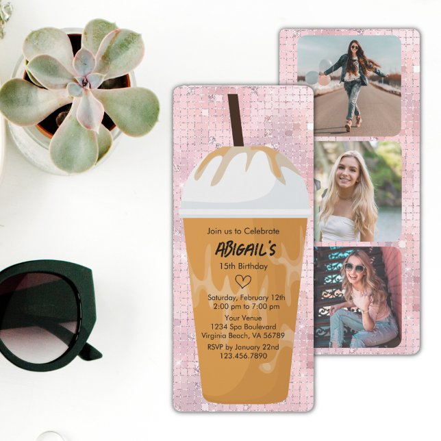 Photo Chic Trendig Glam Rosa Iced Coffee Birthday Inbjudningar (Skapare uppladdad)