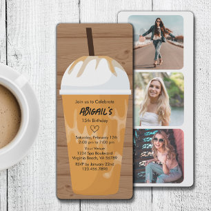 Photo Chic Wood Background Iced Coffee Birthday Inbjudningar