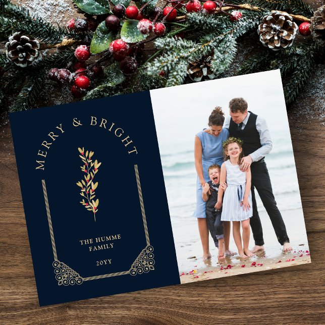 Photo Christmas Botanical Dome Arch Effect in Gold Julkort (Christmas Card with Botanical Dome Arch Effect in Faux Gold and Photo with Envelope.)