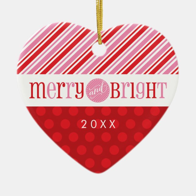 PHOTO CHRISTMAS HEART ORNATION: merry & bright 2 Julgransprydnad Keramik (Framsidan)