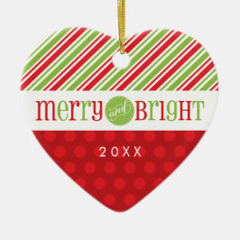 PHOTO CHRISTMAS HEART ORNATION: merry & bright 3 Julgransprydnad Keramik