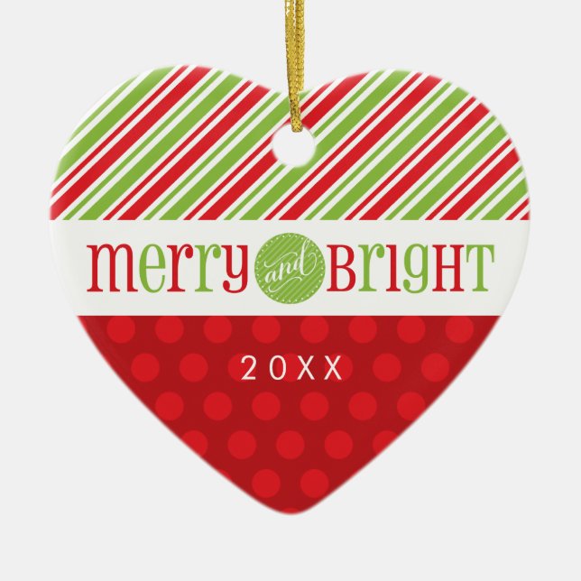 PHOTO CHRISTMAS HEART ORNATION: merry & bright 3 Julgransprydnad Keramik (Framsidan)