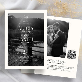 Photo classic black and ivory QR code RSVP wedding Inbjudningar
