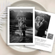Photo classic black and white QR code RSVP wedding