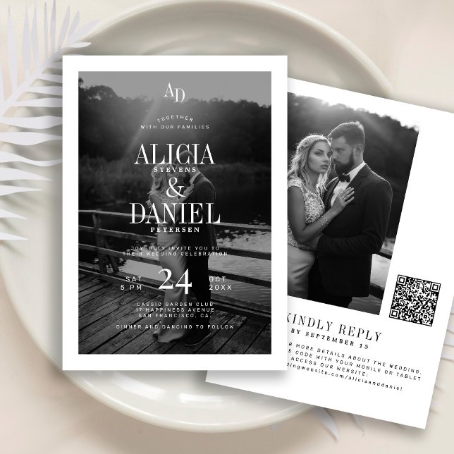 Photo classic black and white QR code RSVP wedding Inbjudningar (Skapare uppladdad)