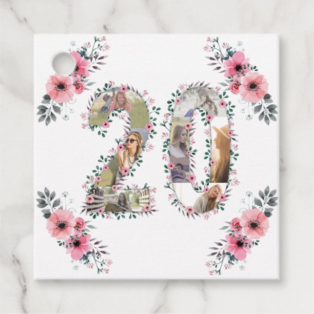 Photo Collage 20:e födelsedagstidningen Girl Flowe Gåvor Etiketter (Framsida)