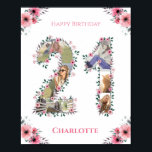 Photo Collage 21st Birthday Girl Rosa Flower White Poster<br><div class="desc">Skapa en 21:a födelsedag med sex foton i 2:a format. Dekorerad med vackra och vackra  blommor av rosa och grönt. Underbar 21:a födelsedagspresent till kvinnor. Personlig nummer 21 fotokollage för en unik och mycket speciell produkt.</div>