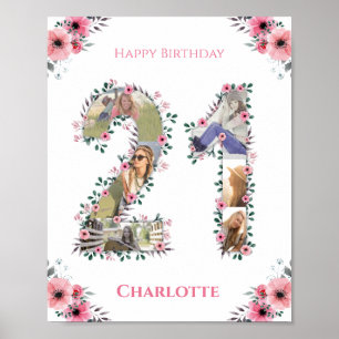 Photo Collage 21st Birthday Girl Rosa Flower White Poster