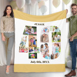Photo Collage 40:e födelsedagen Beige White Bild Fleecefilt<br><div class="desc">Anpassningsbar Bild Blanket med 15 av dina favoritfoton. Snyggtens fotokollage är i form av siffran 40 på en vit bakgrund med neutralt beige sand/muterad gult gräns och brons modern typografi. Filten kan också vara personlig med namn och födelsedatum du väljer. Mallen är konfigurerad så att du kan lägga till dina...</div>