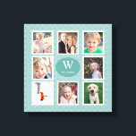 Photo Collage 8 Photos Teal Canvastryck<br><div class="desc">Den här kvadratiska arbetsytan är ett perfekt för visning av dina favoritfamiljfoton. Utformningen erbjuder åtta foto ramar och en provoval,  i mitten på kollaget,  har ett monogram och en anpassningsbar för din familj namn. Bakgrunden är lätt teal med en oval mönster.</div>