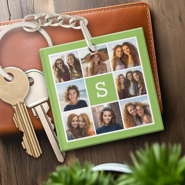 Photo Collage Anpassningsbar Monogram - Lime Green (Personalized keychain with photo collage and monogram)