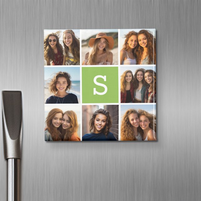 Photo Collage Anpassningsbar Monogram - Lime Green Magnet (Personalized fridge magnet with photos and custom text)