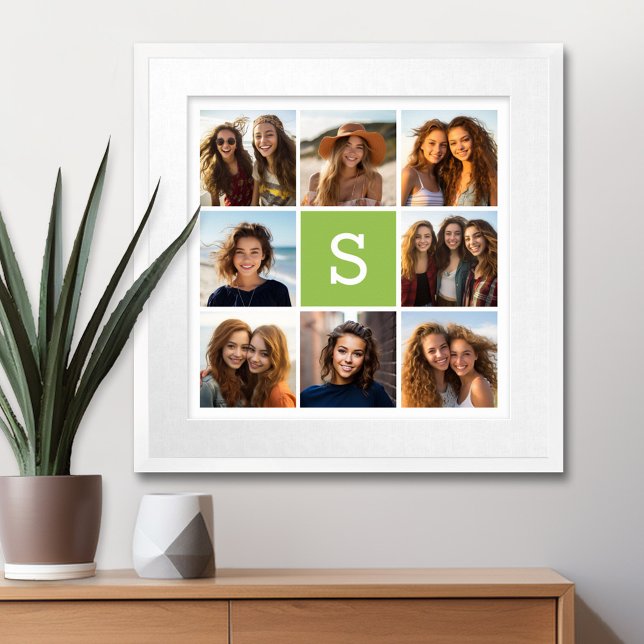 Photo Collage Anpassningsbar Monogram - Lime Green Poster (Personalized Wall Art with a Photo Collage and Monogram)