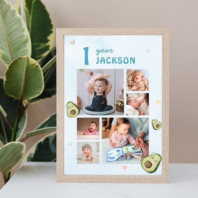 Photo Collage Avocado 1:a födelsedagen Party Poster (Photo Collage Avocado 1st Birthday Party Poster)