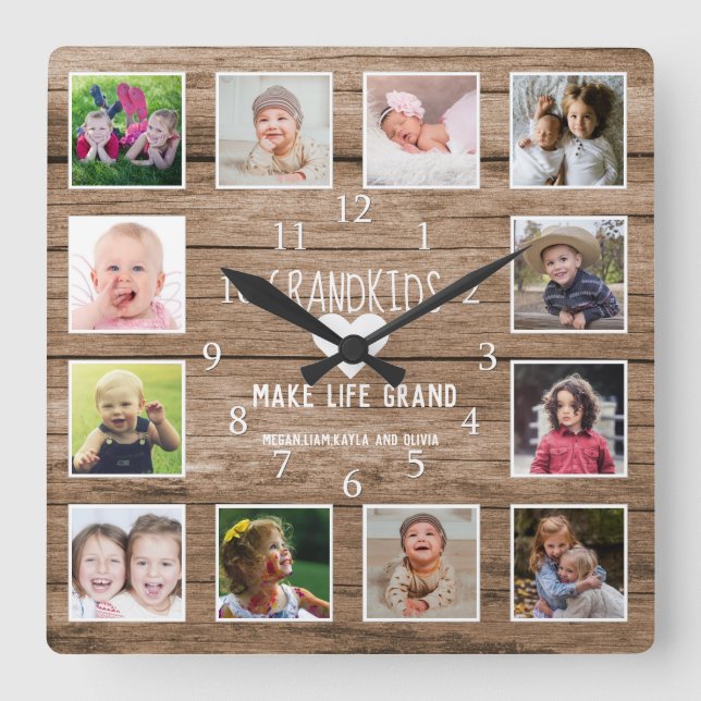 Photo Collage Barnbarn make Life Grand Quote Wood Fyrkantig Klocka (Framsida)