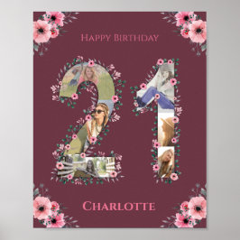 Photo Collage Big 21st Birthday Rosa Flower Woman Poster