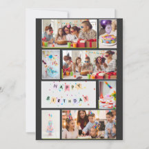Photo Collage Birthday Card - Grått Black 7 Ramar