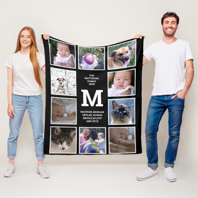 Photo Collage Black and White Monogram 10 Photo Fleecefilt (På plats)