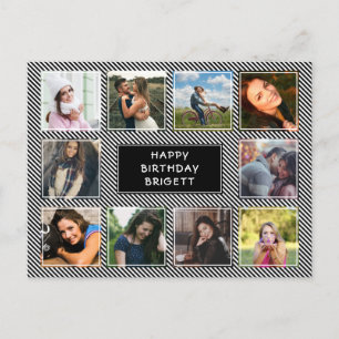 Photo Collage Black and White Stripe Birthday Vykort