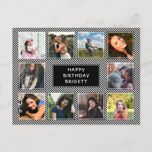 Photo Collage Black and White Stripe Birthday Vykort (Framsida)