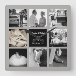 PHOTO COLLAGE Bröllop Vow Renewal Anniury Grått Fyrkantig Klocka