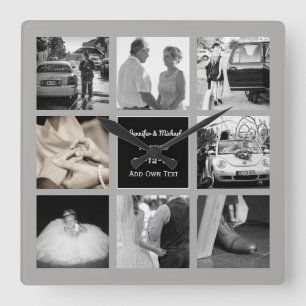 PHOTO COLLAGE Bröllop Vow Renewal Anniury Grått Fyrkantig Klocka