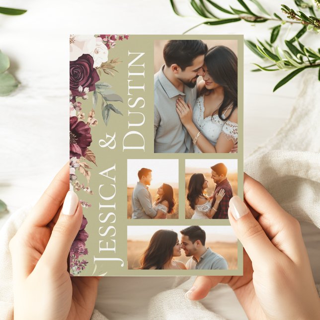 Photo Collage Burgundy Blommigt Sage Grönt Bröllop Inbjudningar (Modern Burgundy Sage Green Photo Collage Wedding Invitation)