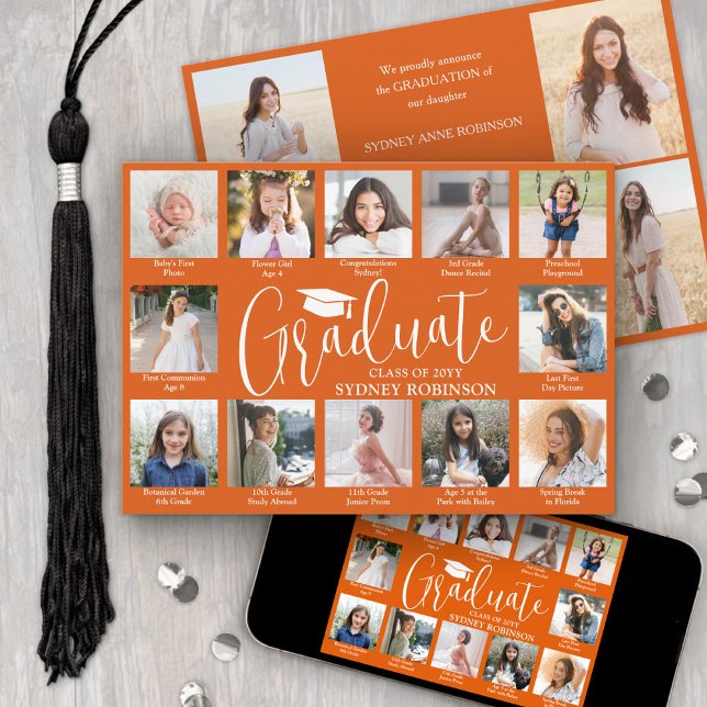 Photo Collage & Captions Orange & White Graduation Meddelande (Skapare uppladdad)