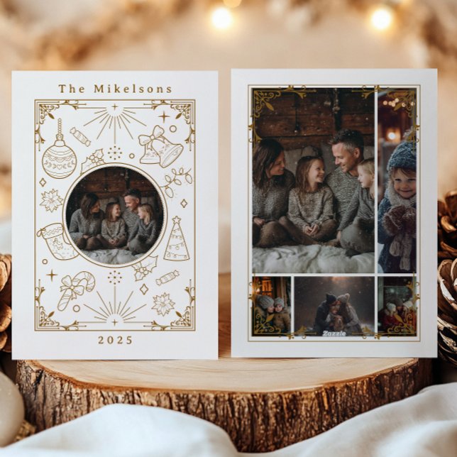 Photo Collage Elegant Guld Line Art jul Julkort (Skapare uppladdad)