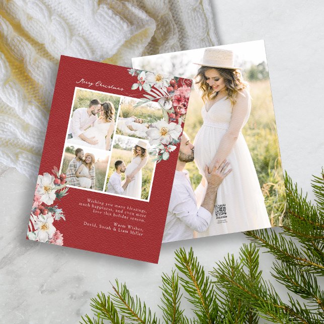Photo Collage Elegant-Helgdag-kort Julkort (Elegant Red Holiday Photo Collage Christmas Card Red Berries White Botanicals 5 photos)