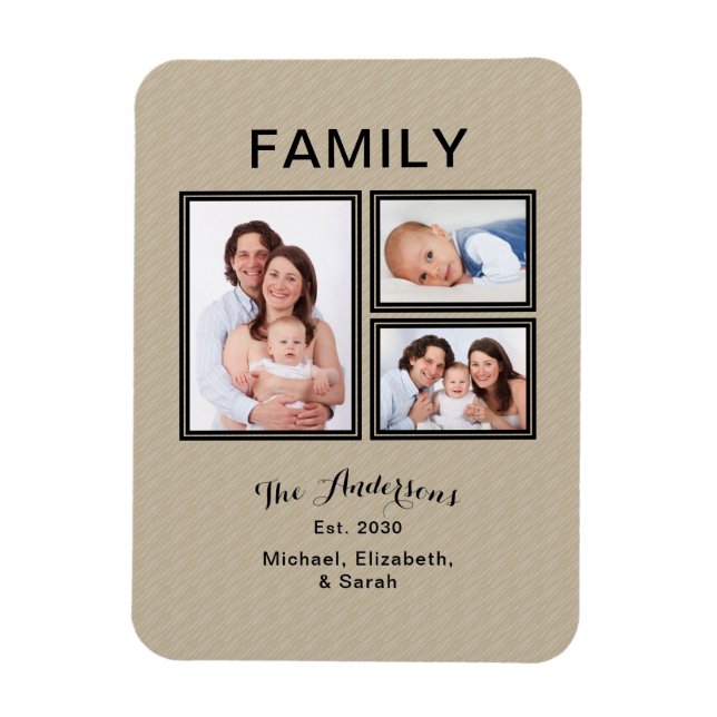 Photo Collage Family Namn Modern Sand Beige Magnet (Vertikal)