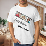 Photo collage film name birthday guy t shirt<br><div class="desc">For a white/light colored t-shirt. Personalize and add a name and 3 photos inside the film roll frame. Black text.</div>